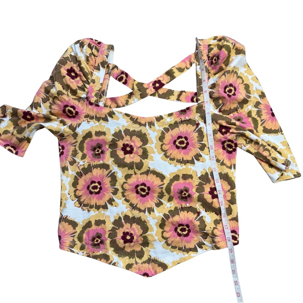 NWT Free People LARGE Give Me More Top in Ivory Combo Puff Sleeve Boho Crop Top - Picture 11 of 12